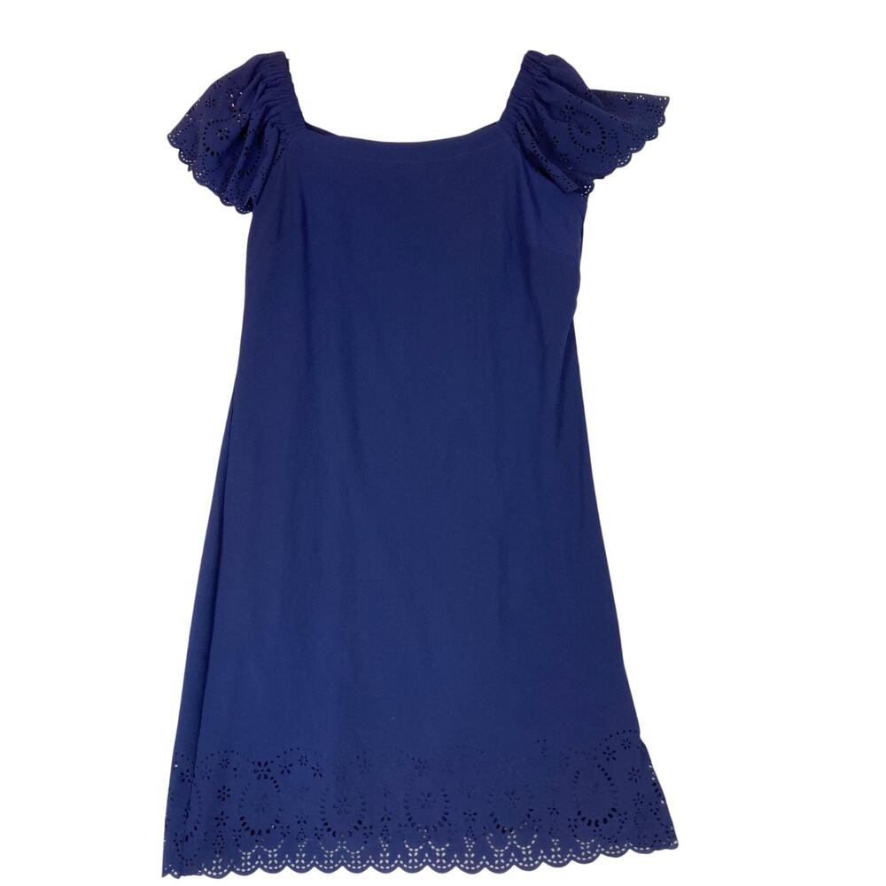 Elle Womens Royal Blue Eyelet Flutter Sleeve Scalloped Hem Shift Dress Size‎ M